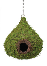 SuperMoss raindrop birdhouse front view hanging with chain, shows fresh green finish and shelter benefit