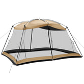 Superrella front exterior view showing khaki canopy and covered space benefit