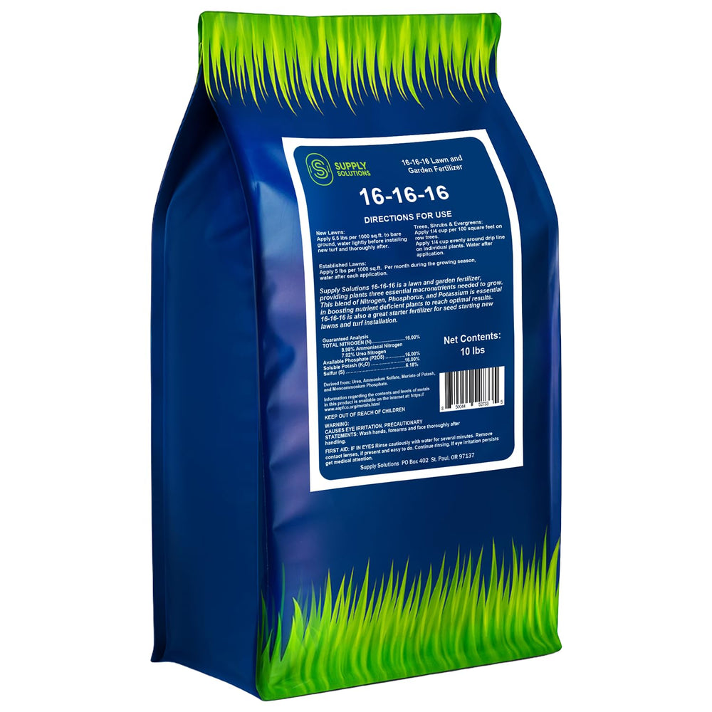 Supply Solutions front packaging showing 10 lb bag and blue grass design, clear product ID