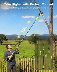 Supstable extended pole saw reaching high branch to demonstrate 16 ft reach for safer pruning