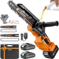 Supstable front packaging showing compact cordless chainsaw and case, easy storage benefit