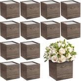 Suzile front view of twelve wooden planter boxes showing rustic finish and organized look