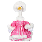 Suzile front view of pink goose outfit showing festive cape and cap for curb appeal