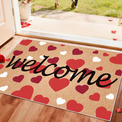 Svepndic front view of Valentine's mat showing heart design and welcome message, enhances entry decor