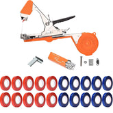 Swetero tying machine front view showing orange body and ergonomic handle for faster tying