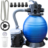 SWIMLINE front view of sand filter pump combo showing compact complete system and quick setup benefit