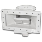 Swimline skimmer front-mounted on pool wall showing wide-mouth intake and faster debris capture