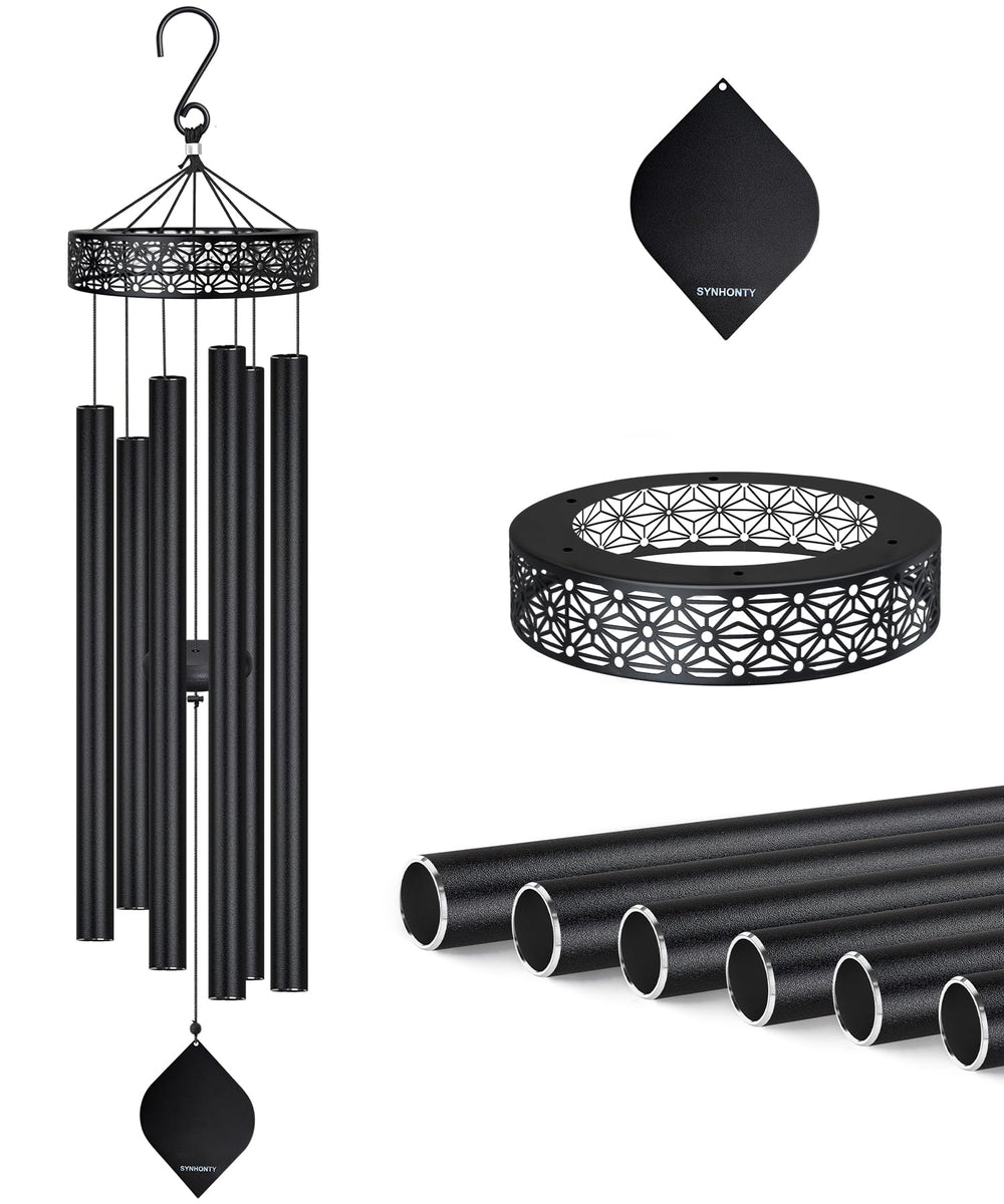 Synhonty front view of black wind chimes showing elegant design and curb appeal