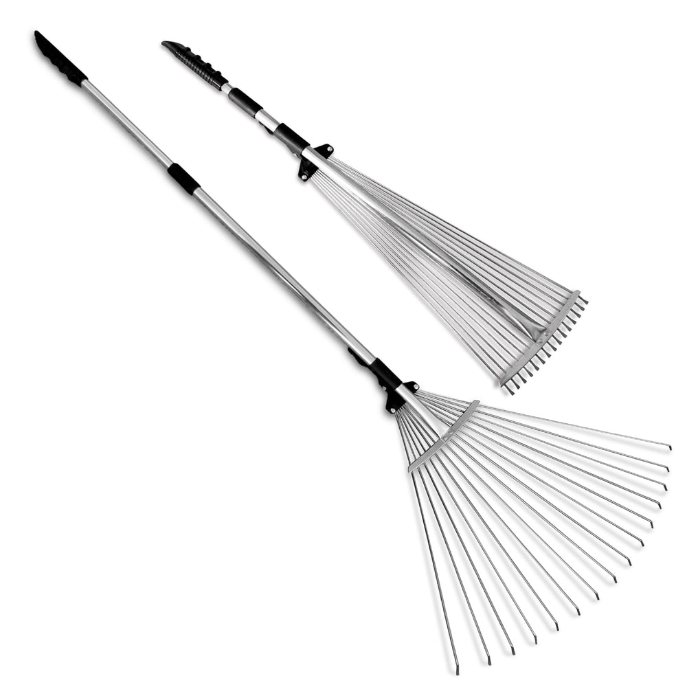 TABOR TOOLS rake front view showing expandable head and benefit of quick leaf sweep