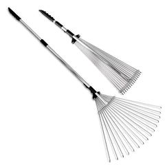 TABOR TOOLS rake front view showing expandable head and benefit of quick leaf sweep