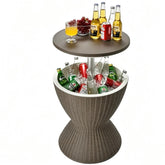 Tangkula front view showing full rattan-style cooler table and top closed for versatile use