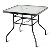 Tangkula front view of table showing sleek black frame and glass top, durable outdoor dining