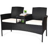 Tangkula front view white wicker bench and table showing compact comfort
