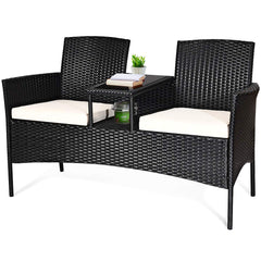 Tangkula front view white wicker bench and table showing compact comfort