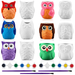 Tanlade front view showing twelve owl planters and included paints for easy crafting