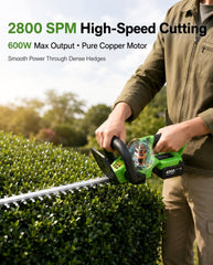 TaskStar hedge trimmer in hand cutting hedges demonstrating easier handling and control