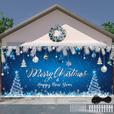 Tatuo front view showing full blue Merry Christmas garage cover, festive curb appeal