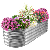 TBMLC front view of silver oval raised-bed showing sturdy structure and curb appeal