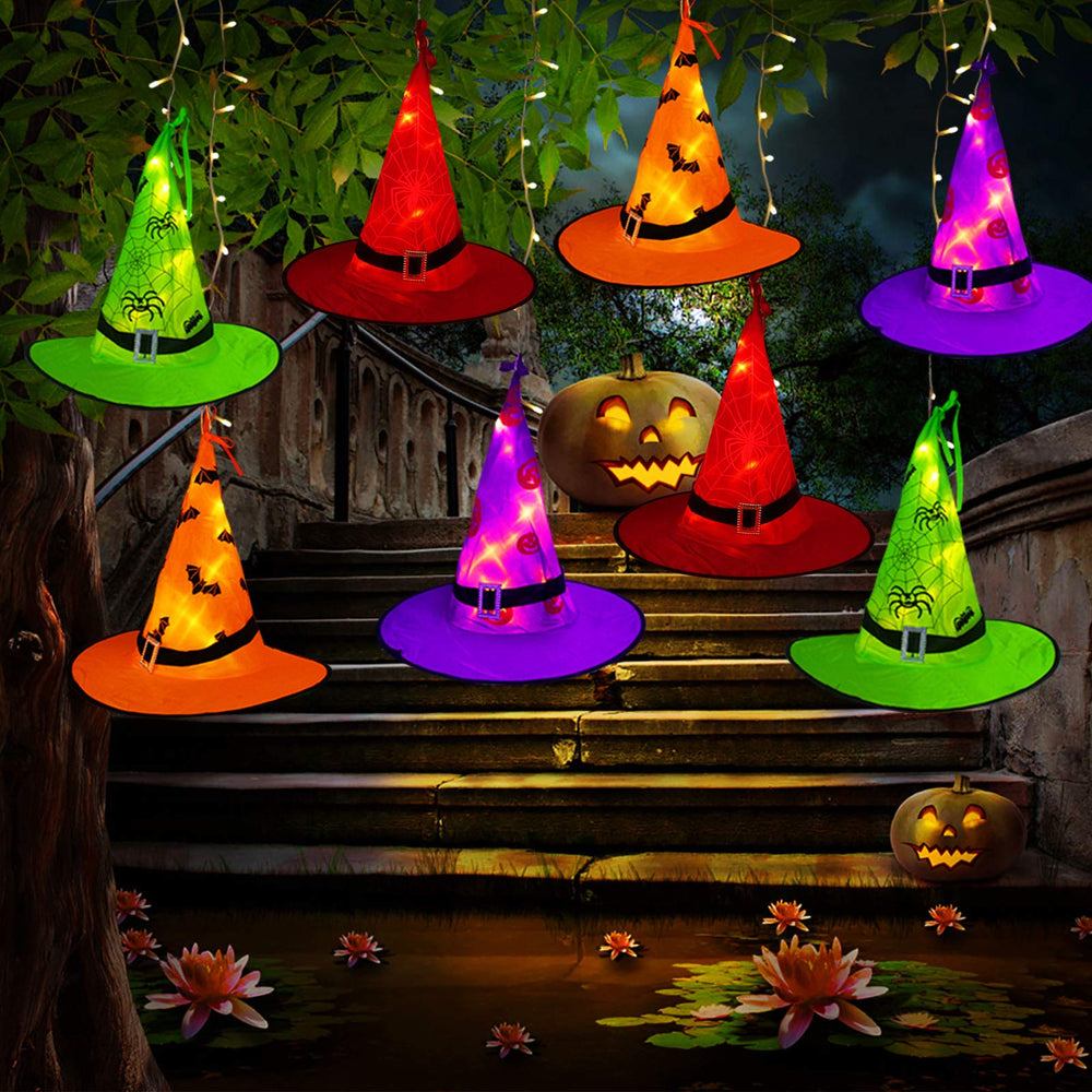 Tcamp front packaging showing 8 witch hats and string lights, clear product view and features