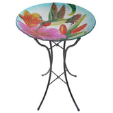 Teamson Home front view of birdbath on metal stand, colorful curb appeal