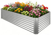 Tegarbed front view of assembled raised bed showing clean silver finish and capacity