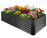 Tegarbed front view of assembled planter showing sleek black finish and spacious bed benefit