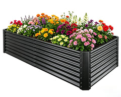Tegarbed front view of assembled planter showing sleek black finish and spacious bed benefit