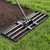 Tegarbed front view of full rake showing wide head and long handle for faster leveling