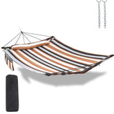 TEGERDEGER front view coffee stripes hammock showing full bed and spreader bar comfort