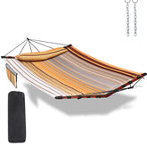 TEGERDEGER front view of large 2-person hammock showing fall yellow stripes and comfort