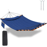 TEGERDEGER front overview of blue two-person hammock showing full bed and pillow for comfortable lounging