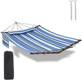 TEGERDEGER front view blue stripes hammock showing full bed and comfort