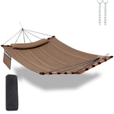TEGERDEGER hammock front view showing brown bed and spreader bar, highlighting comfort
