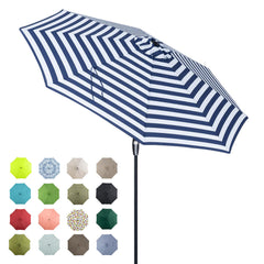tempera front view of blue white stripe umbrella showing shade coverage