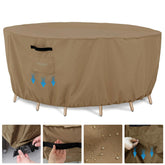 Tempera front view of taupe patio table cover showing full fit and protection