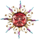 TERESA'S COLLECTIONS front view of red sun face metal wall art, bold focal point