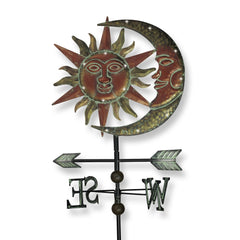 TERESA'S COLLECTIONS front view of sun and moon weathervane stake showing decorative glow and garden impact