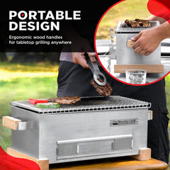 The Bincho Grill cool-touch base with poplar wood accents protecting tabletop surfaces benefit