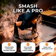 The Burger Smasher pressing a patty on a hot griddle, faster cooking and crisp edges benefit