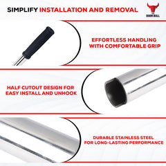 The Door Bull full-length rod beside ruler showing 30-inch reach benefit