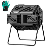 THE GROW'ING front view of 43 gal compost tumbler showing compact footprint and accessibility