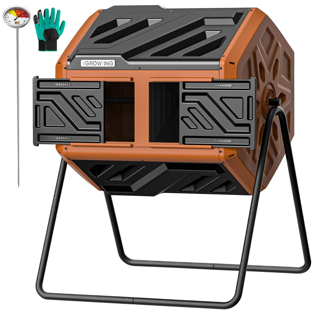 THE GROW'ING front view of orange drum showing tidy composting solution