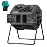 THE GROW'ING front view of green 43 gal compost tumbler showing compact footprint and access benefits