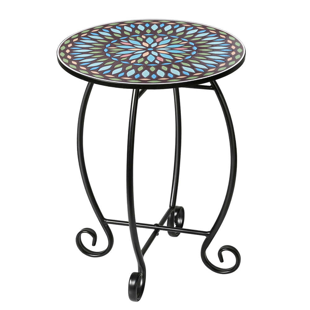The Home Cult round end table front view showing tile top and frame benefit: colorful focal point