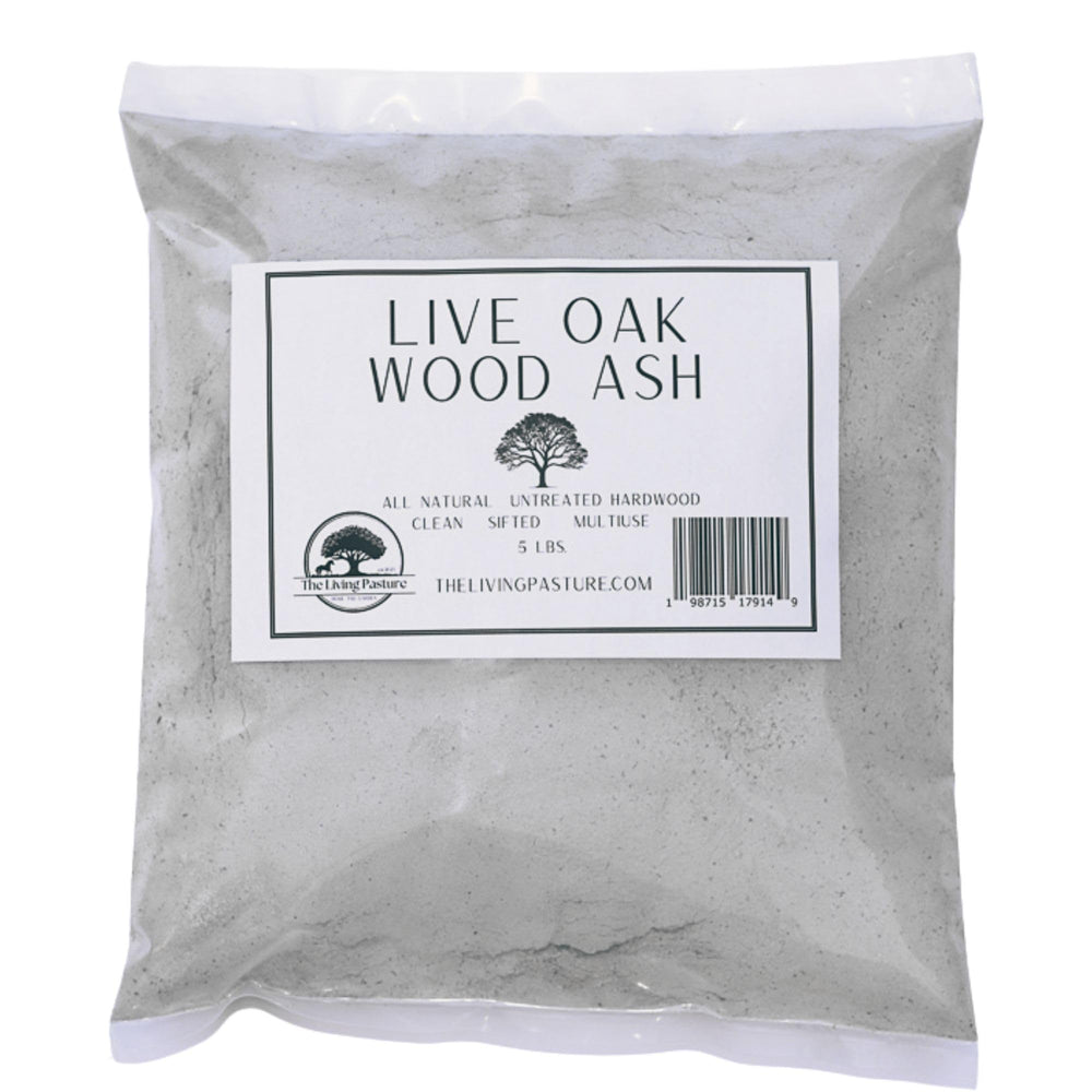 The Living Pasture front packaging of 5 lb live oak wood ash showing brand and weight benefit