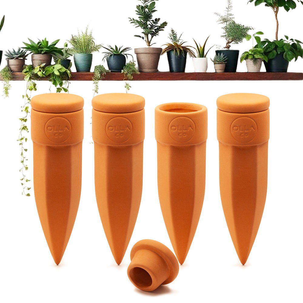 The Olla Company front view of 4-pack small terracotta spikes, easy plant care