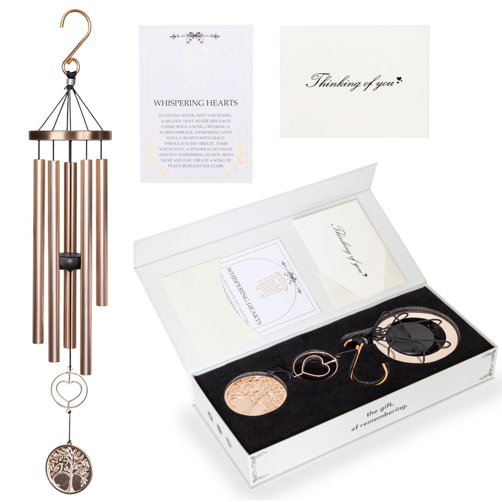 The Wind Chime Co front view showing full 30-inch chime and packaging benefit: ready-to-gift
