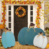 Thyle blue wooden pumpkin front view showing seasonal design and instant curb appeal