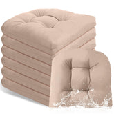 Thyle front view of six khaki cushions showing matching set benefits