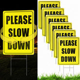Thyle front view showing reflective please slow down sign improves neighborhood safety